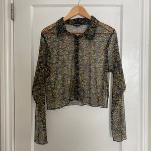 ASOS Long sleeve cropped mesh button down black w/ floral pattern size XL